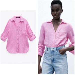 Zara Long Sleeve Linen Button Down Shirt S Pink
